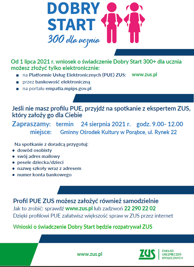 Dobry Start 300 dla ucznia plakat promujący spotkanie z ekspertem ZUS